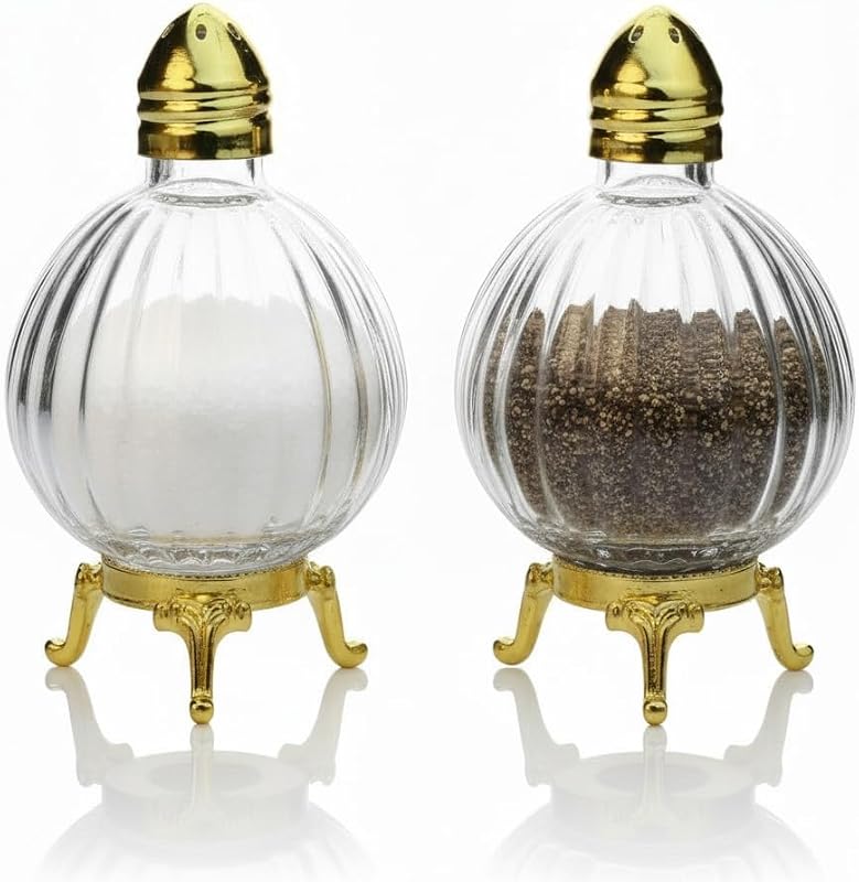 Saleros y pimenteros cristal globo soporte dorado plateado set 2