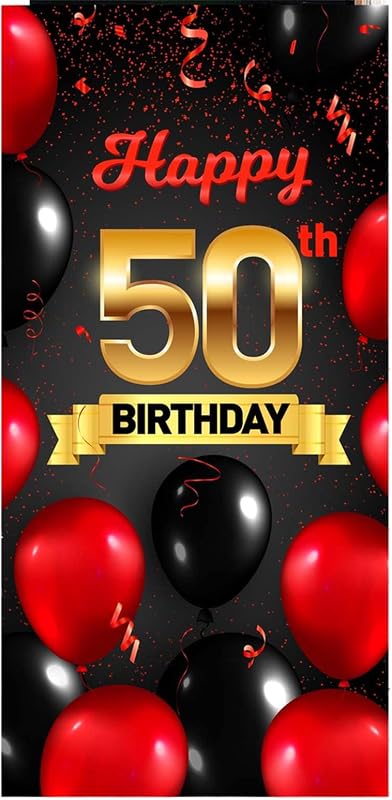 Cartel feliz 50 cumpleaños rojo y negro decoración cabina fotos