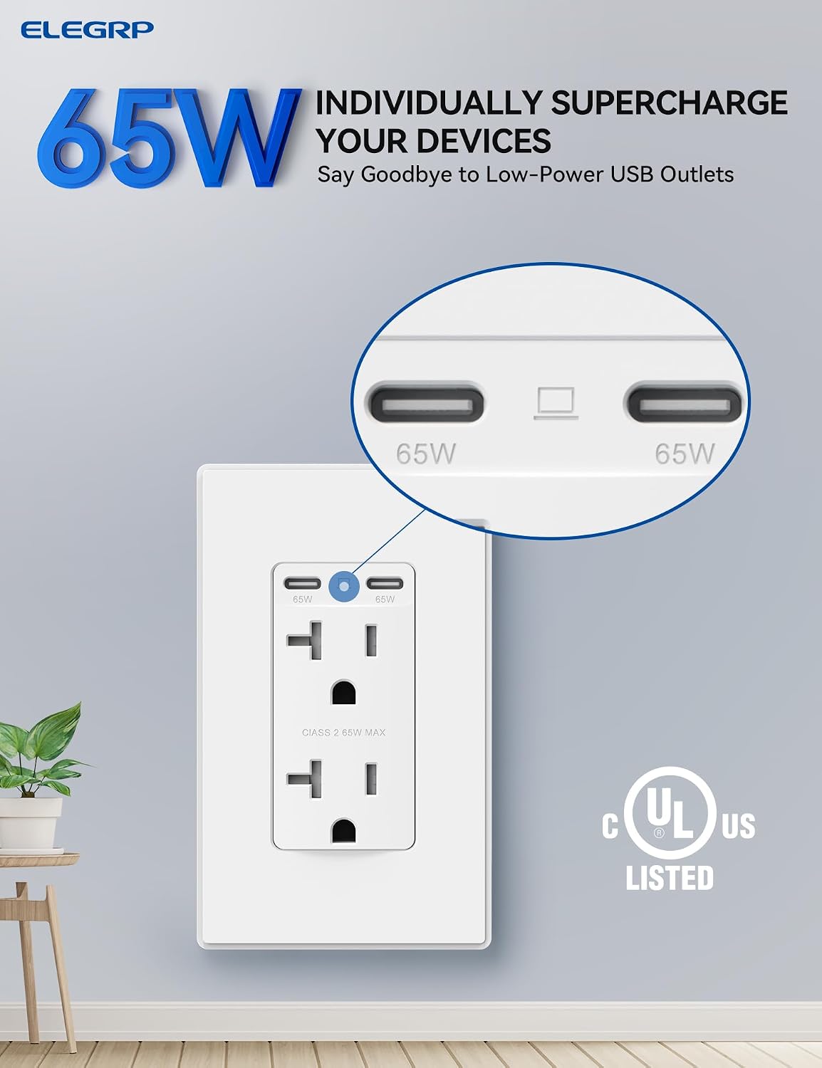 Receptáculo USB C 65W para laptop con placa de pared