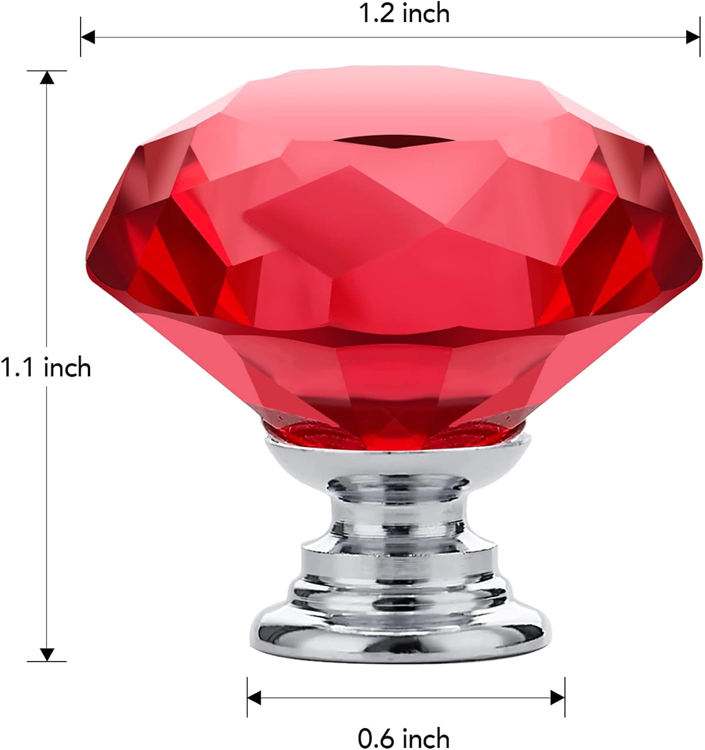 25 Pomos Cristal Rojo para Cajones Forma Diamante Base Plateada