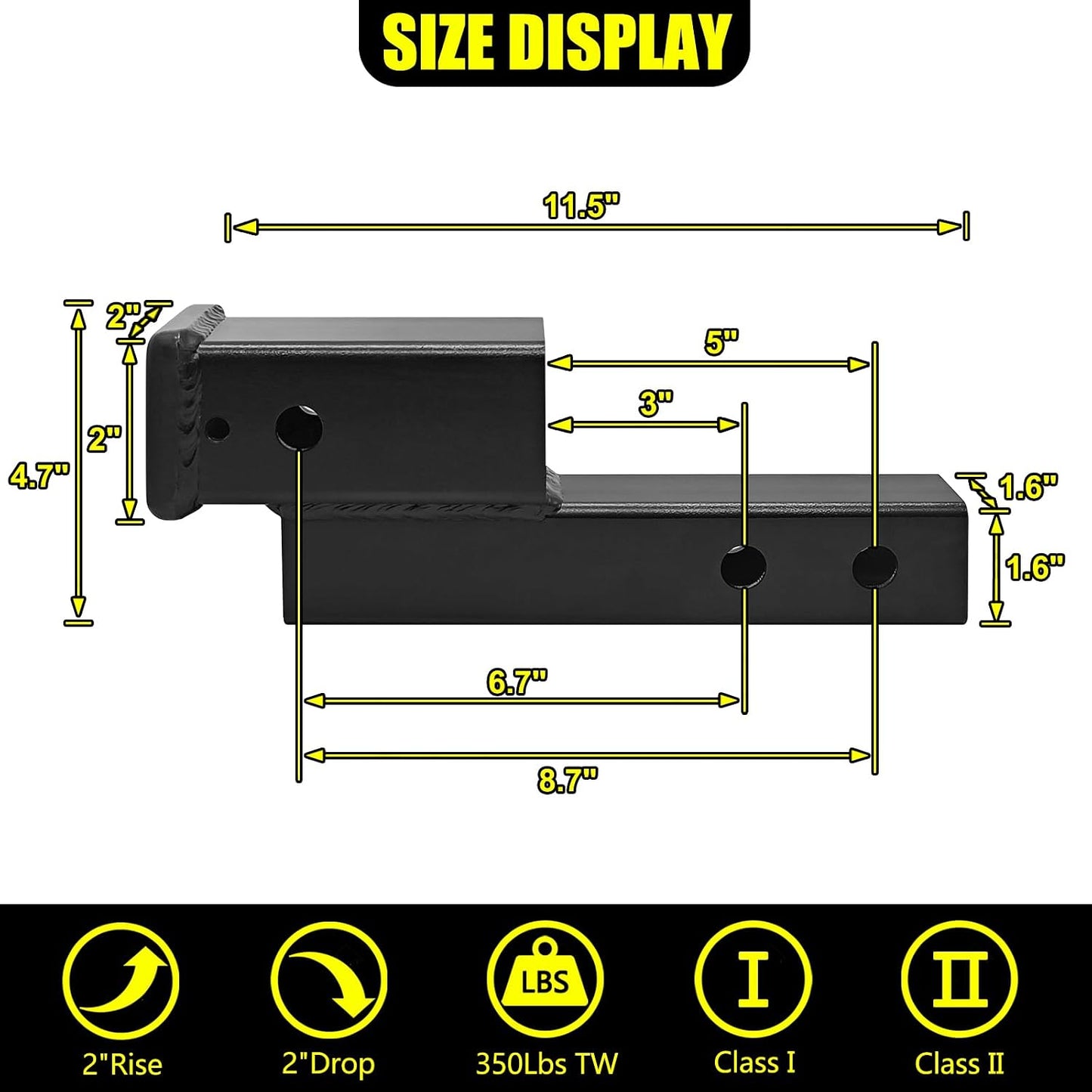 Adaptador elevador enganche 2" 7-9" 7500lb negro mate
