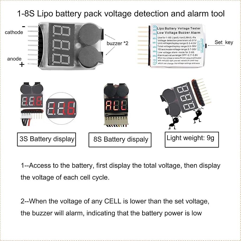 Probador voltaje batería Lipo 1-8s zumbador paquete RC