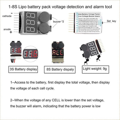 Probador voltaje batería Lipo 1-8s zumbador paquete RC