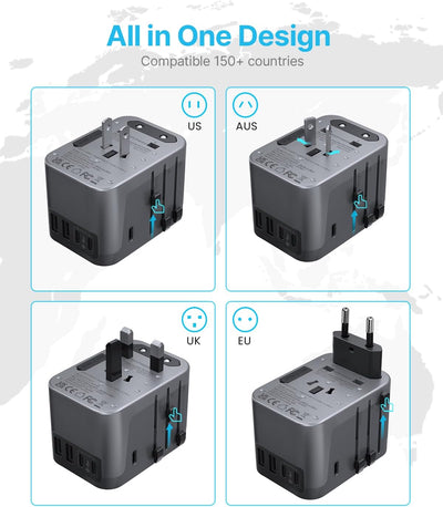 Adaptador viaje universal 6A 3 USB C 2 USB puertos