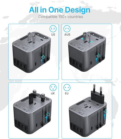 Adaptador viaje universal 6A 3 USB C 2 USB puertos