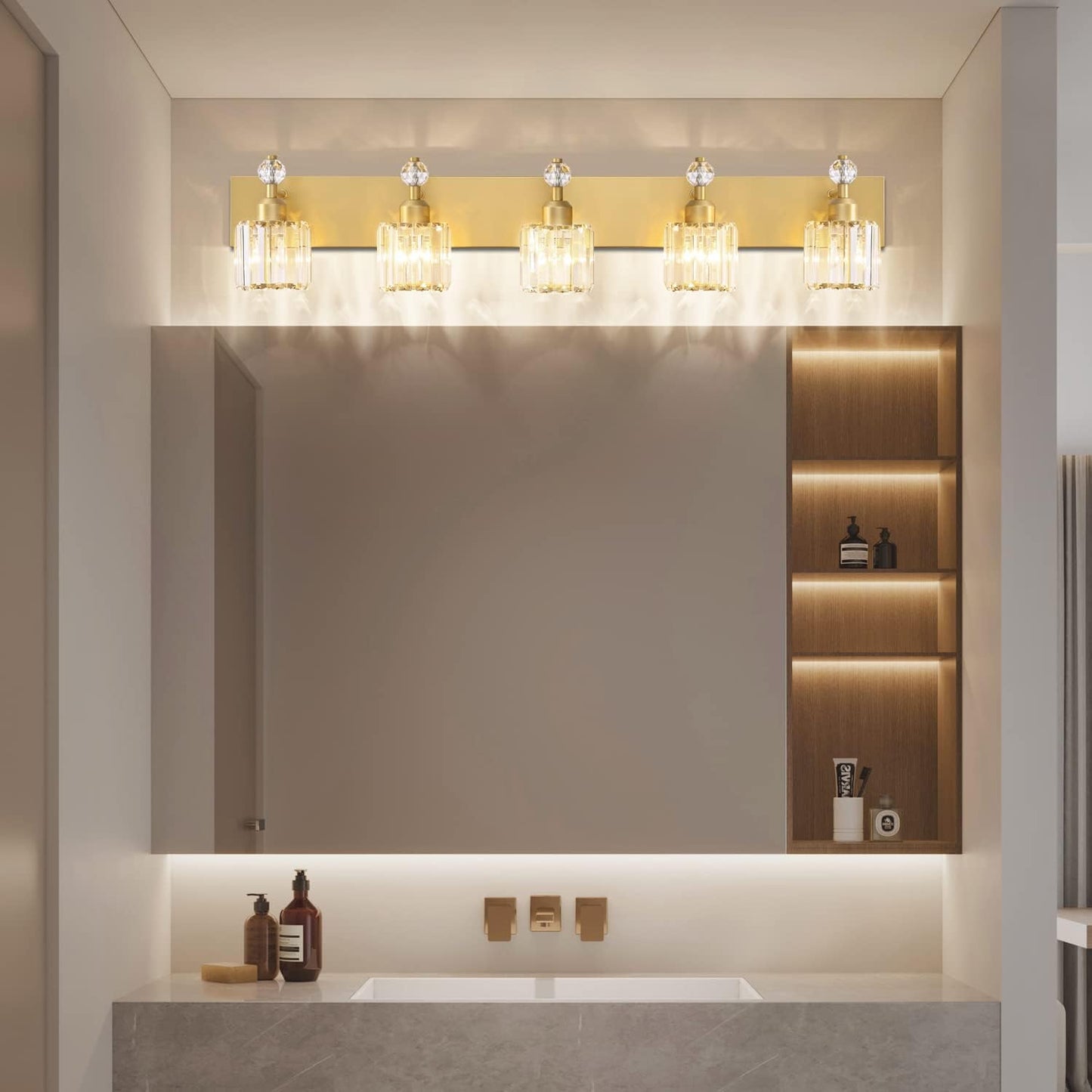 Lámpara tocador baño 5 cristales luces doradas modernas