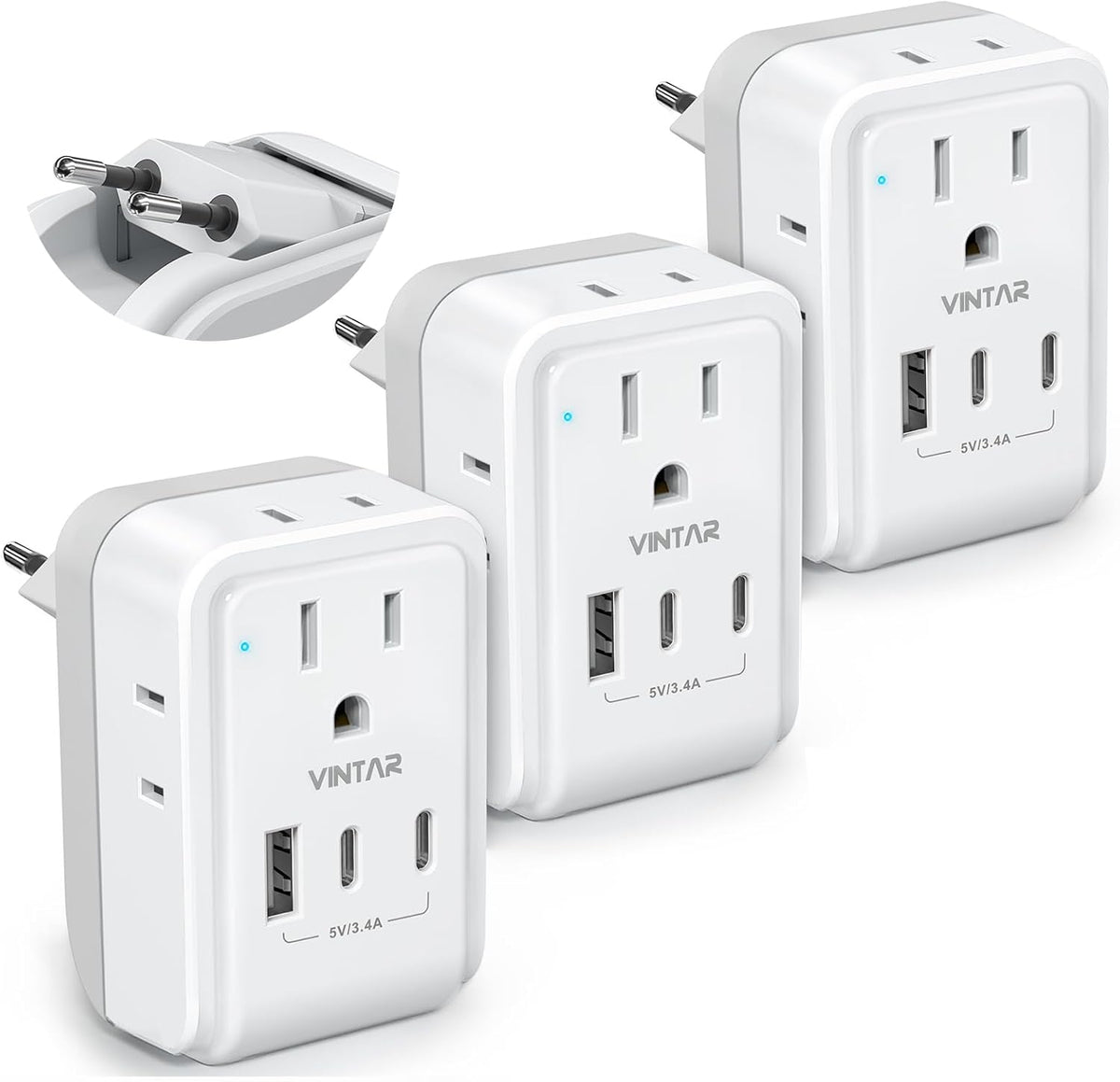 Adaptador viaje europeo con 4 salidas AC y 3 USB tipo C