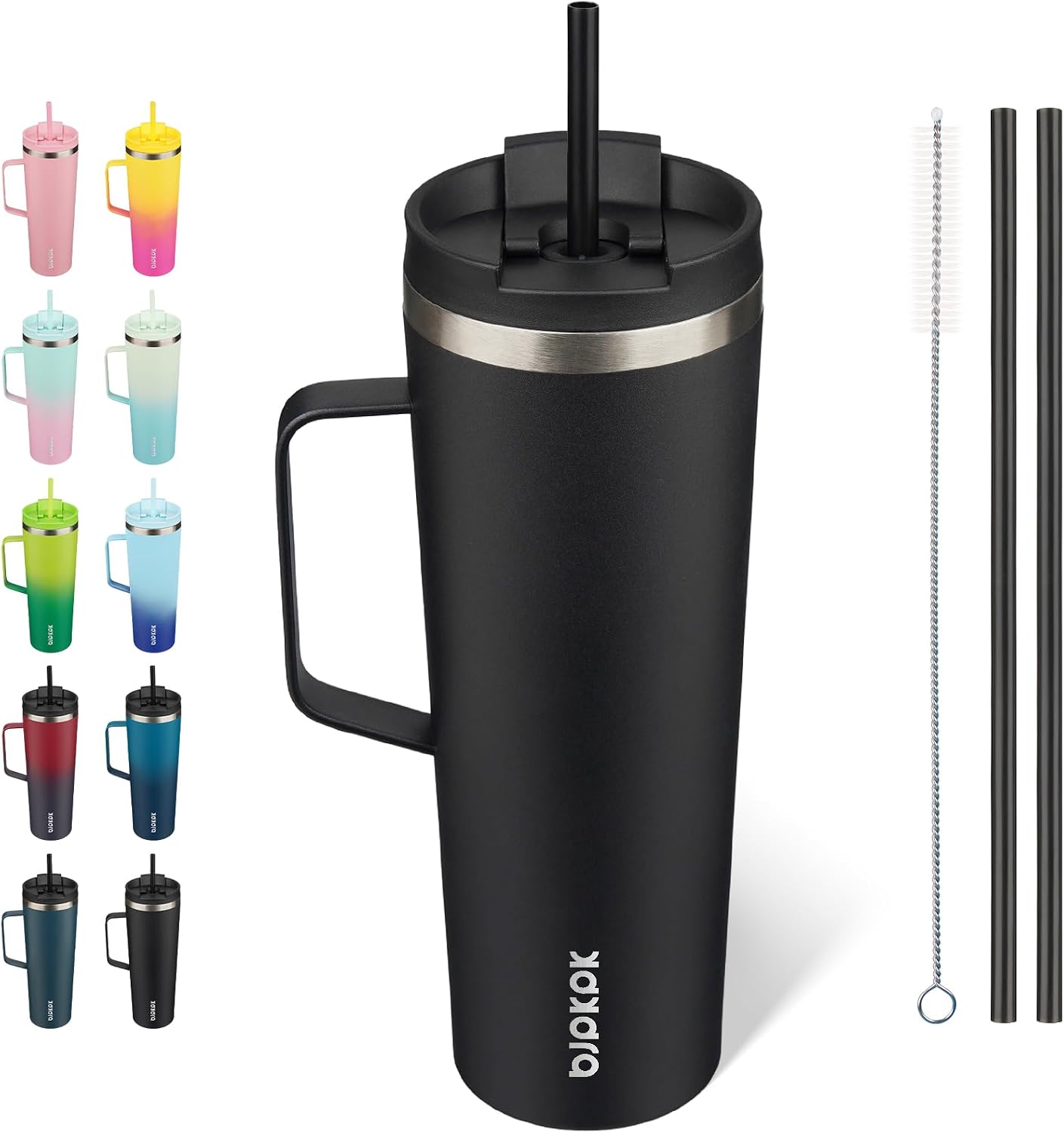 Vaso aislado acero inox con asa tapa pajilla color negro