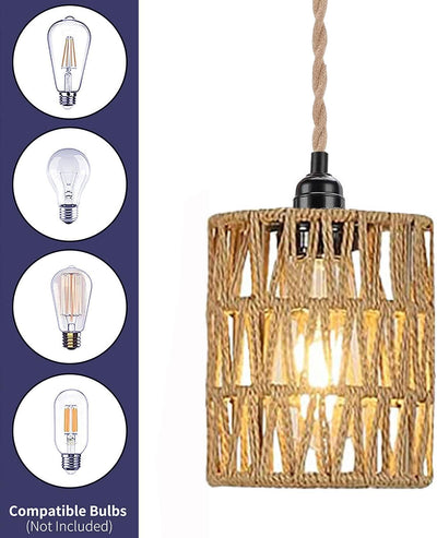 Lámpara colgante boho con enchufe mimbre pantalla cilíndrica
