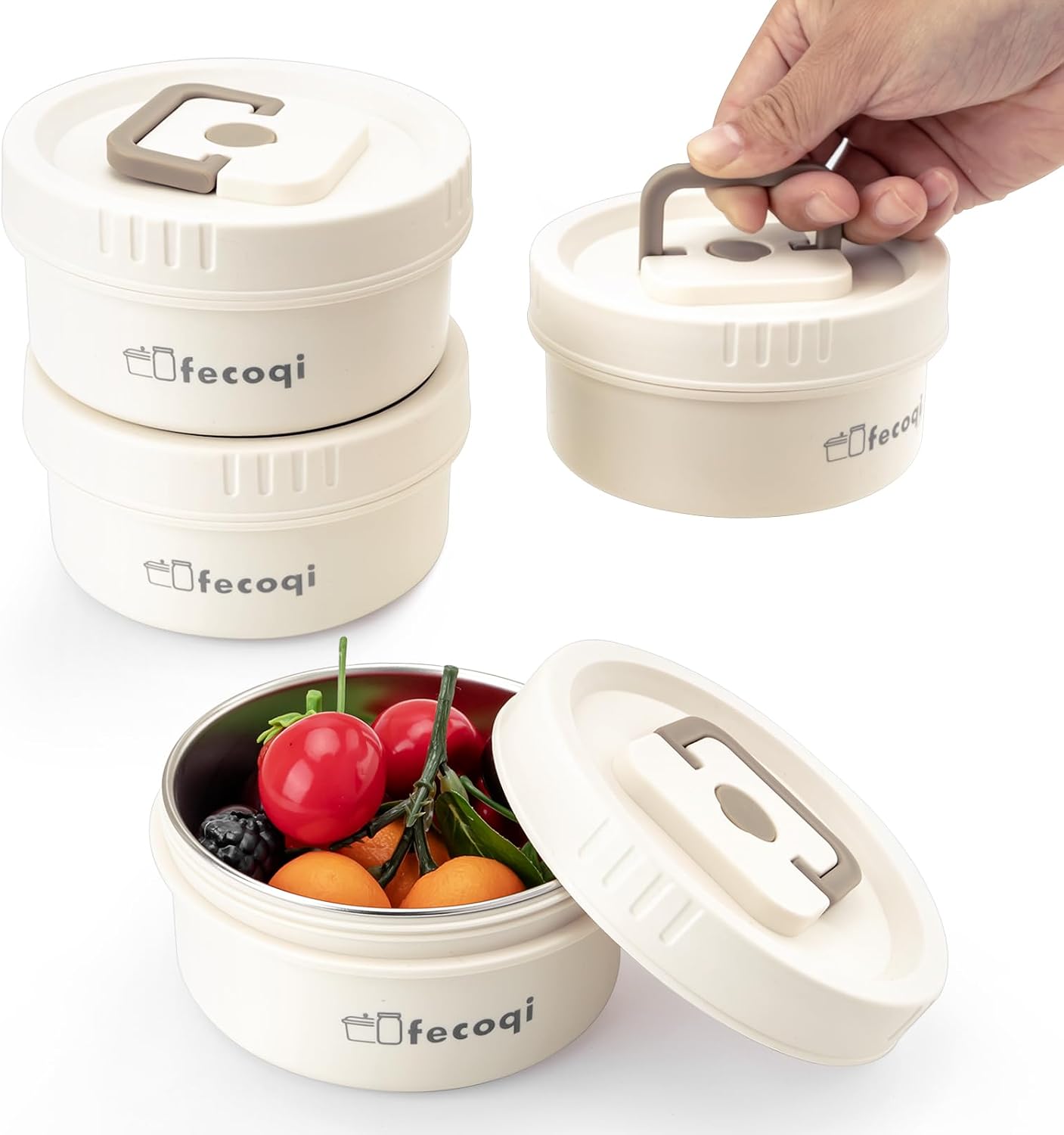 Set 4 Contenedores Alimentos Redondos Apto Microondas 13oz Beige