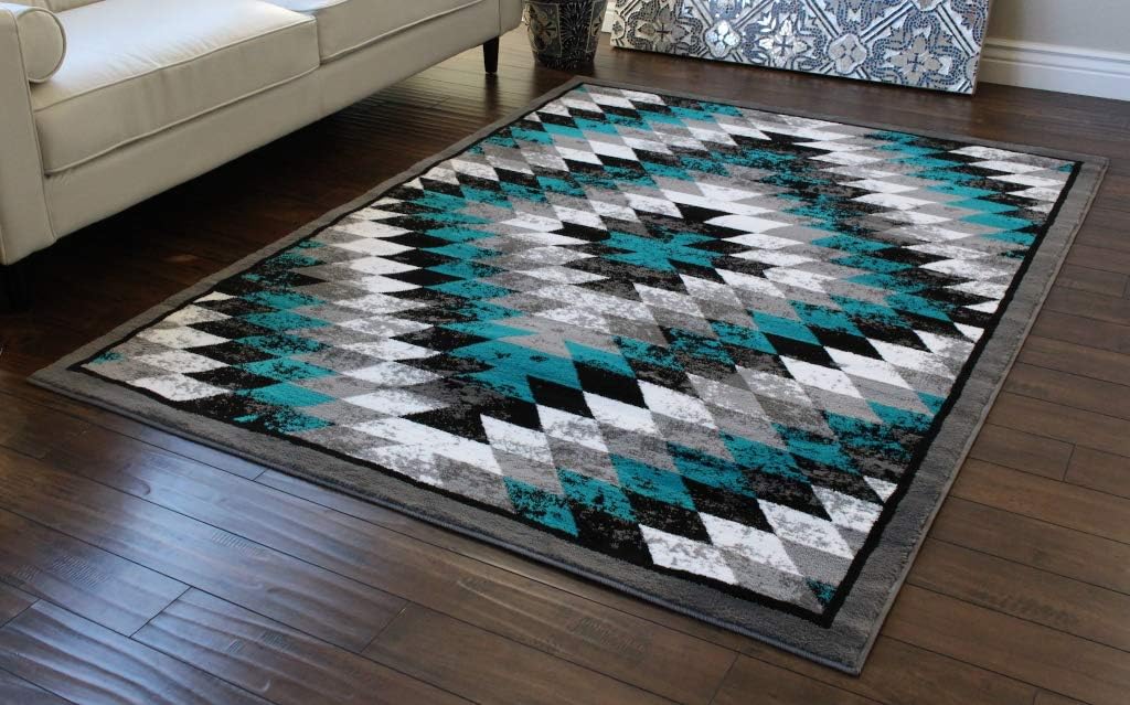 Alfombra diseño nativo americano 5x7ft turquesa gris