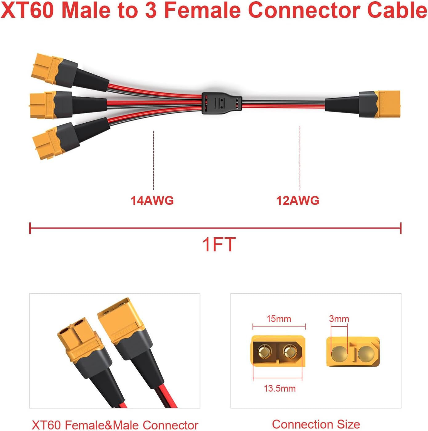 Cable XT60 12AWG 1 macho a 3 hembra para UAV Quadcopter