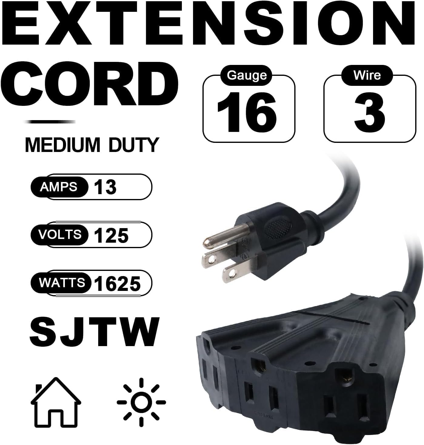 2 Cables Extensión Exterior 6ft 3 Tomas Negro SJTW 16/3