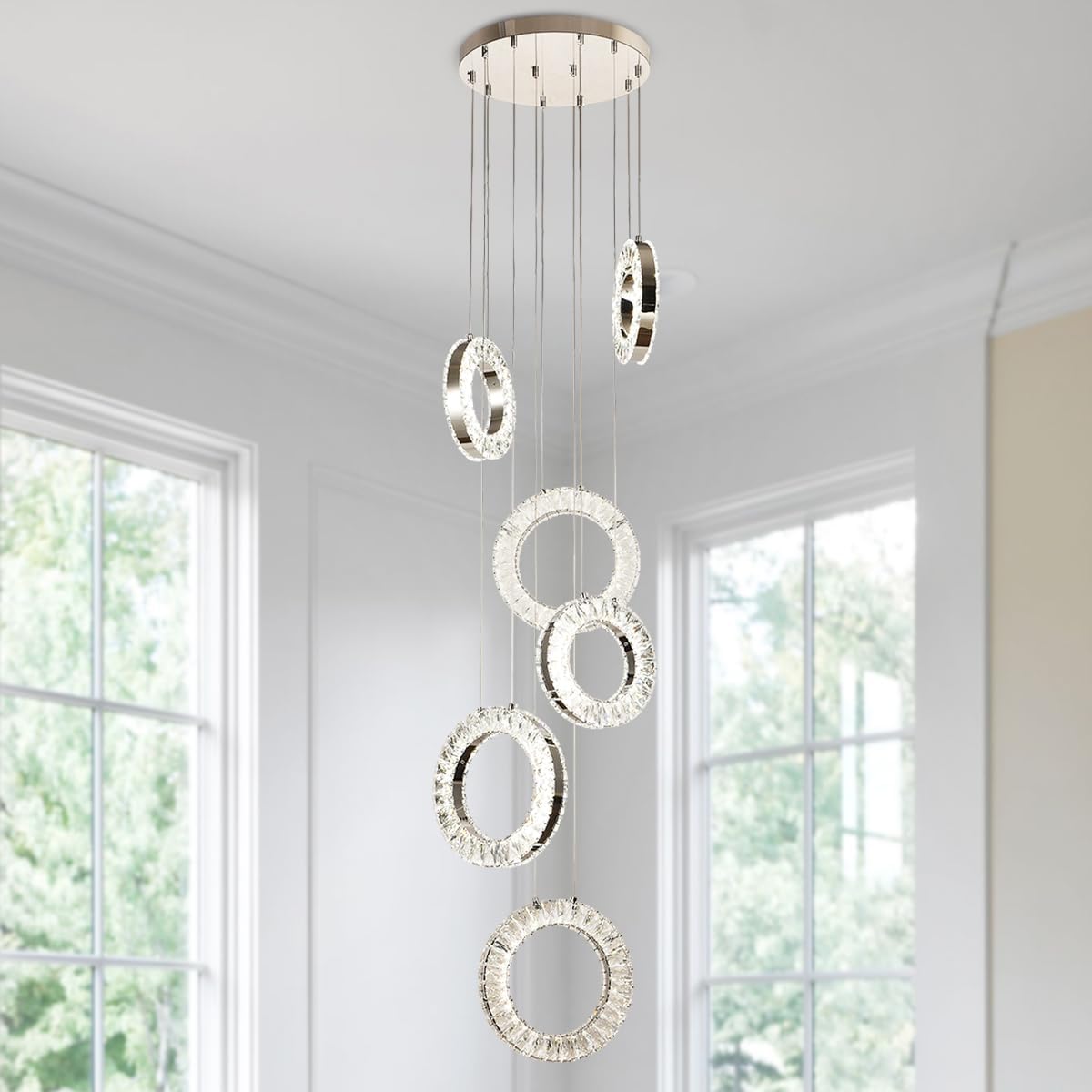 Candelabro techo 6 luces anillo cromado LED regulable