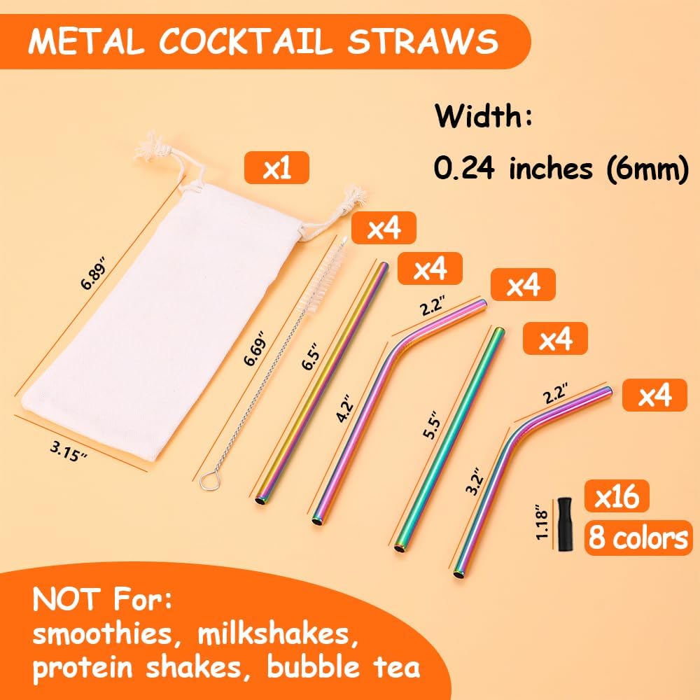 16 Pajitas Metal 5.5-6.5pulg Niños Reutilizables Silicón
