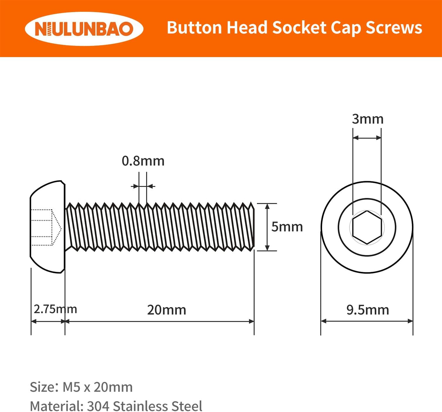 Tornillos M5 acero inox 304 cabeza botón 50uds