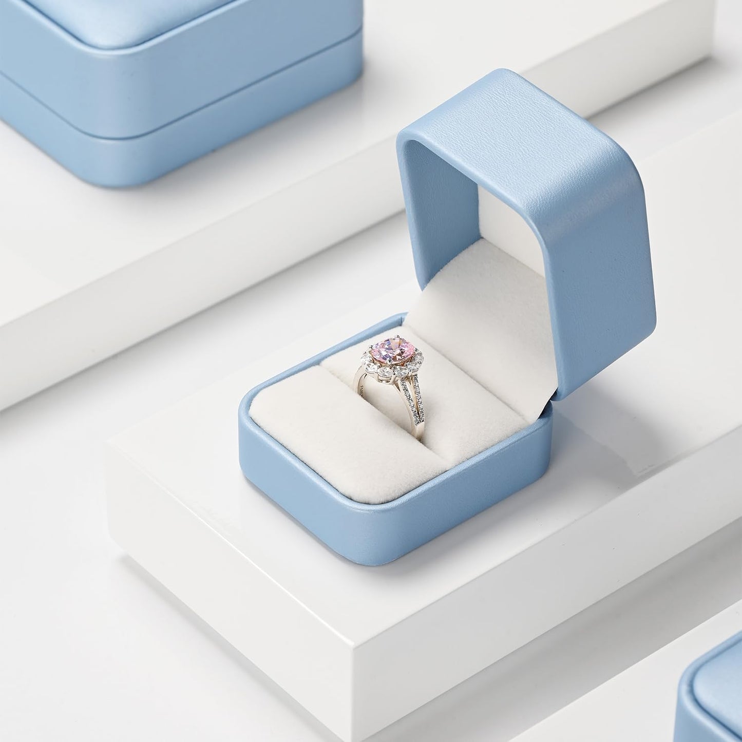 Caja anillo cuero PU azul para compromiso