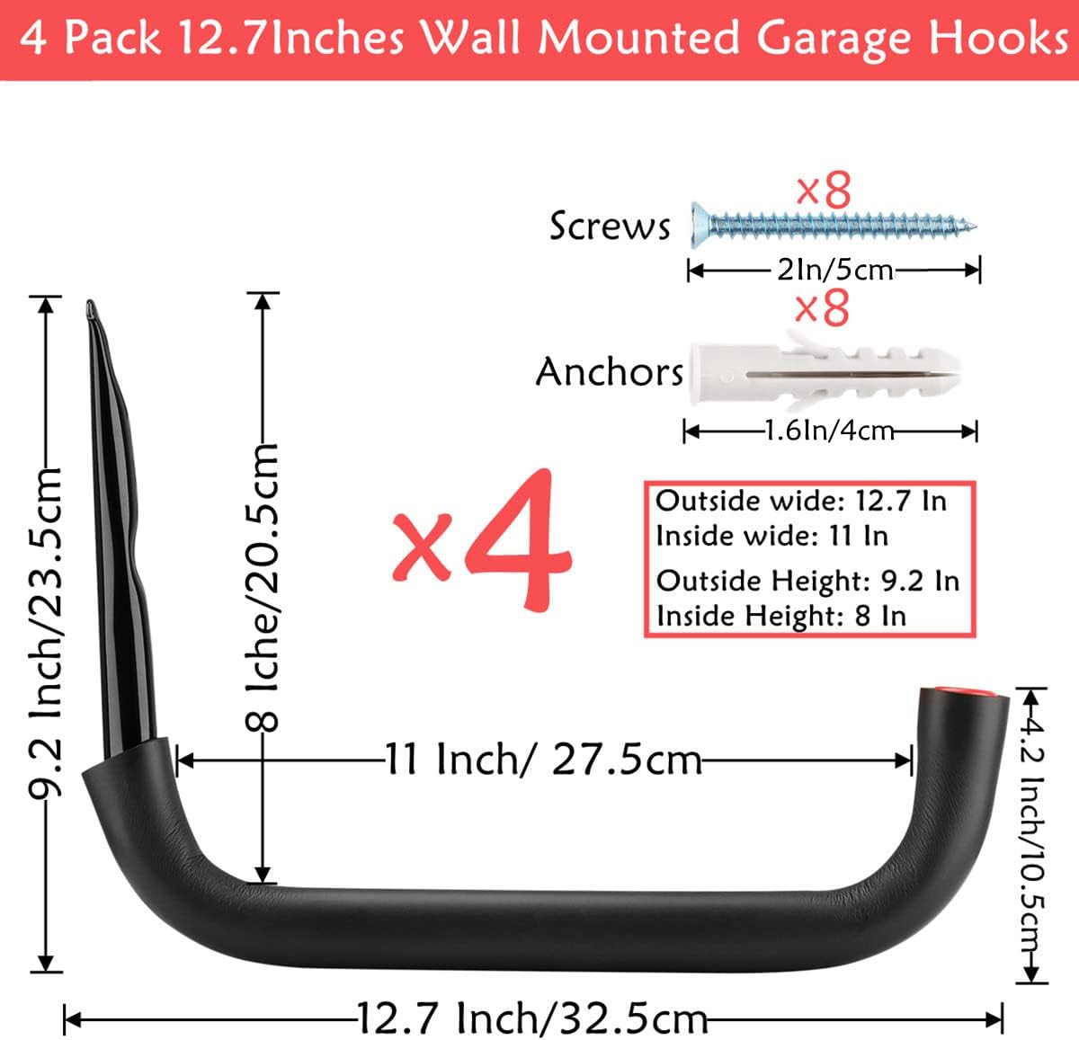 Percha herramientas 12.7pulg set 4 ganchos pared negro rojo