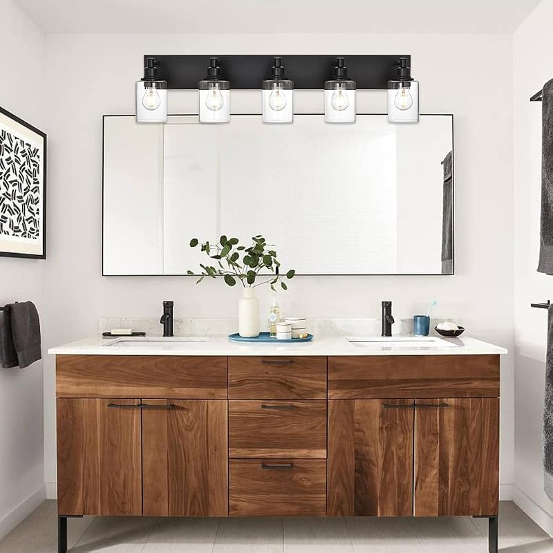 Lámpara baño negro sobre espejo 5 luces vidrio transparente