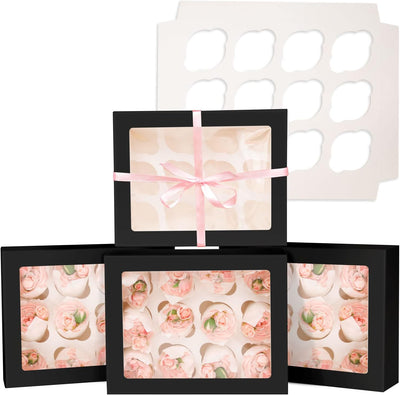 12 Cajas Cupcakes con Ventana 13x10" Negro