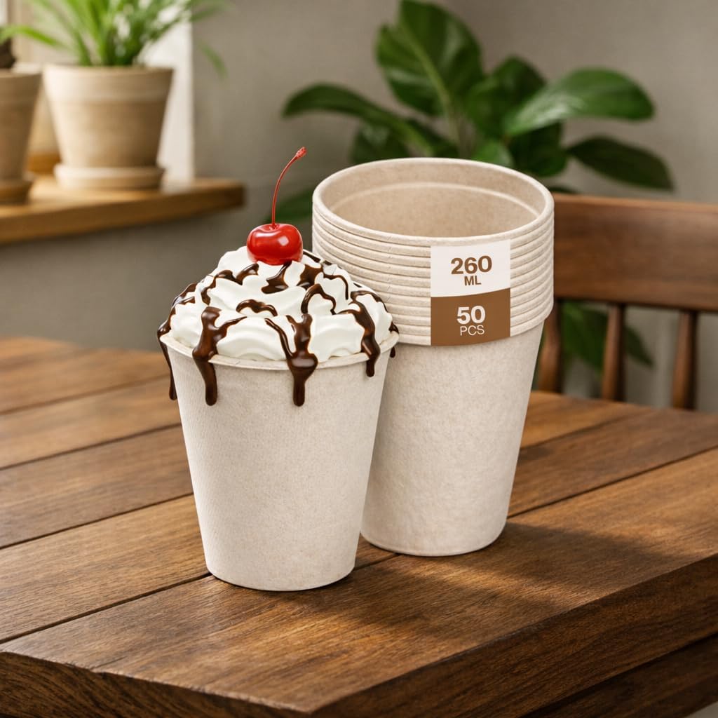 50 Pzas Taza Reciclable Fibra Caña Azúcar 9oz