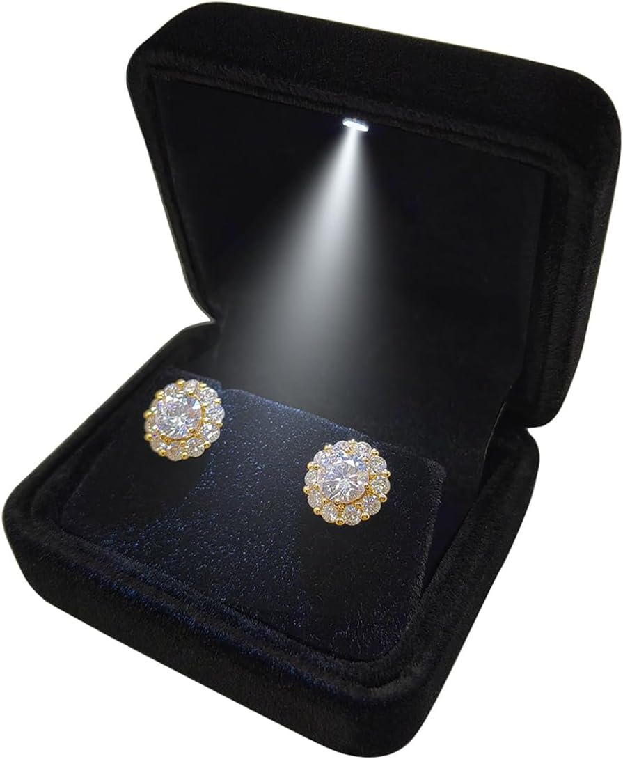 Caja terciopelo pendientes luz LED regalo joyería boda