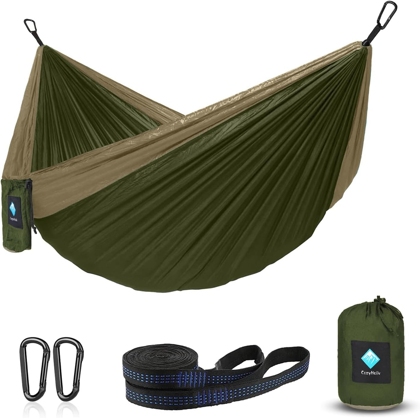 Hamaca portátil para campamento y jardín 210D verde/caqui