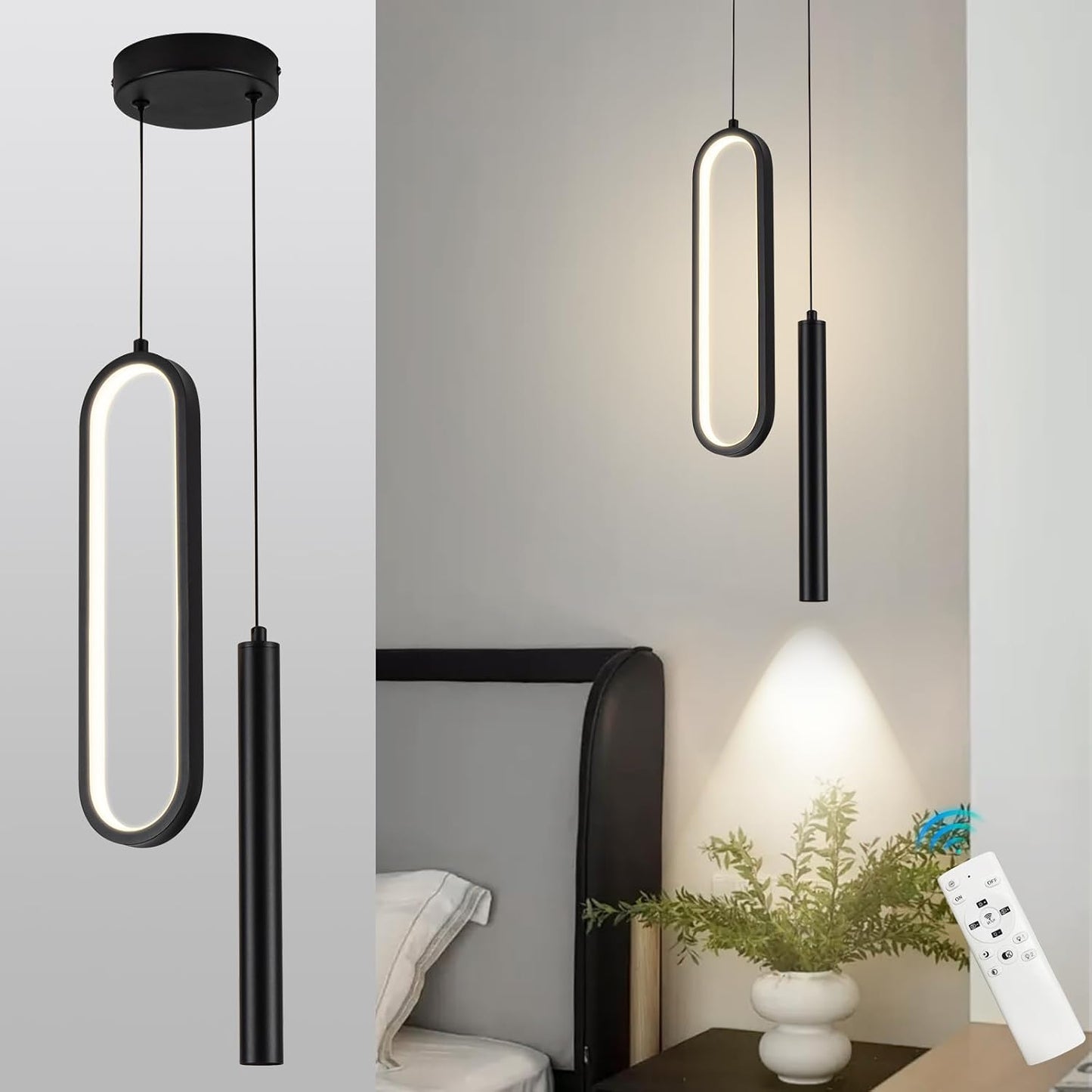 Lámpara colgante LED negra control remoto 24W dormitorio