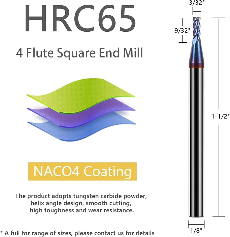 Set 5 fresas carburo cuadrado 3/32 65HRC CNC