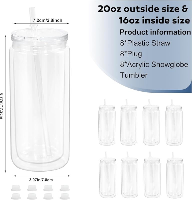 8 Vasos Acrílicos Globo Nieve 20oz Con Tapa Transparente