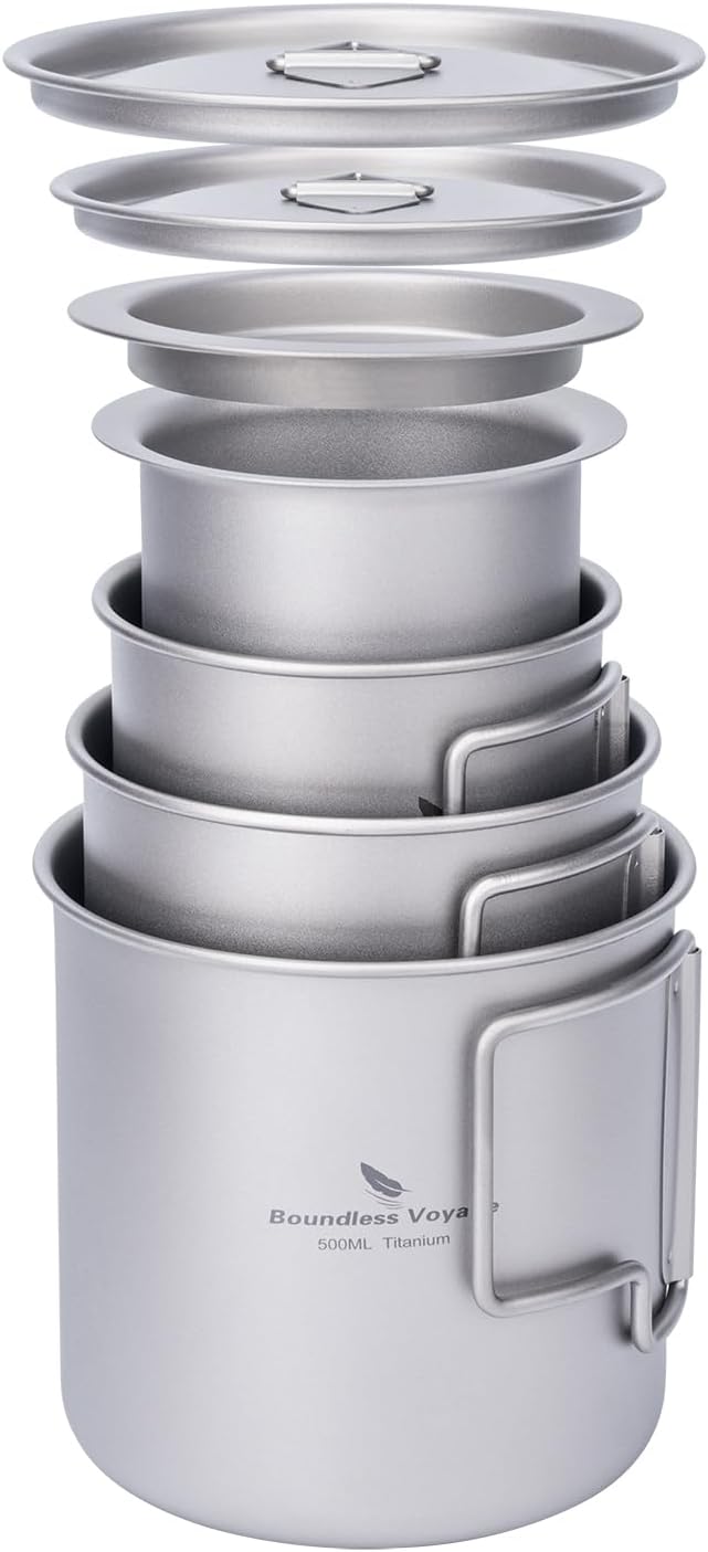 Set tazas titanio tapa mango plegable campamento ligera