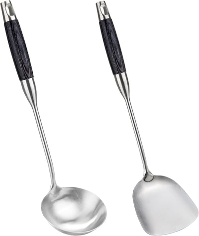 Espátula y cucharón wok acero inox mango madera 2 pzas