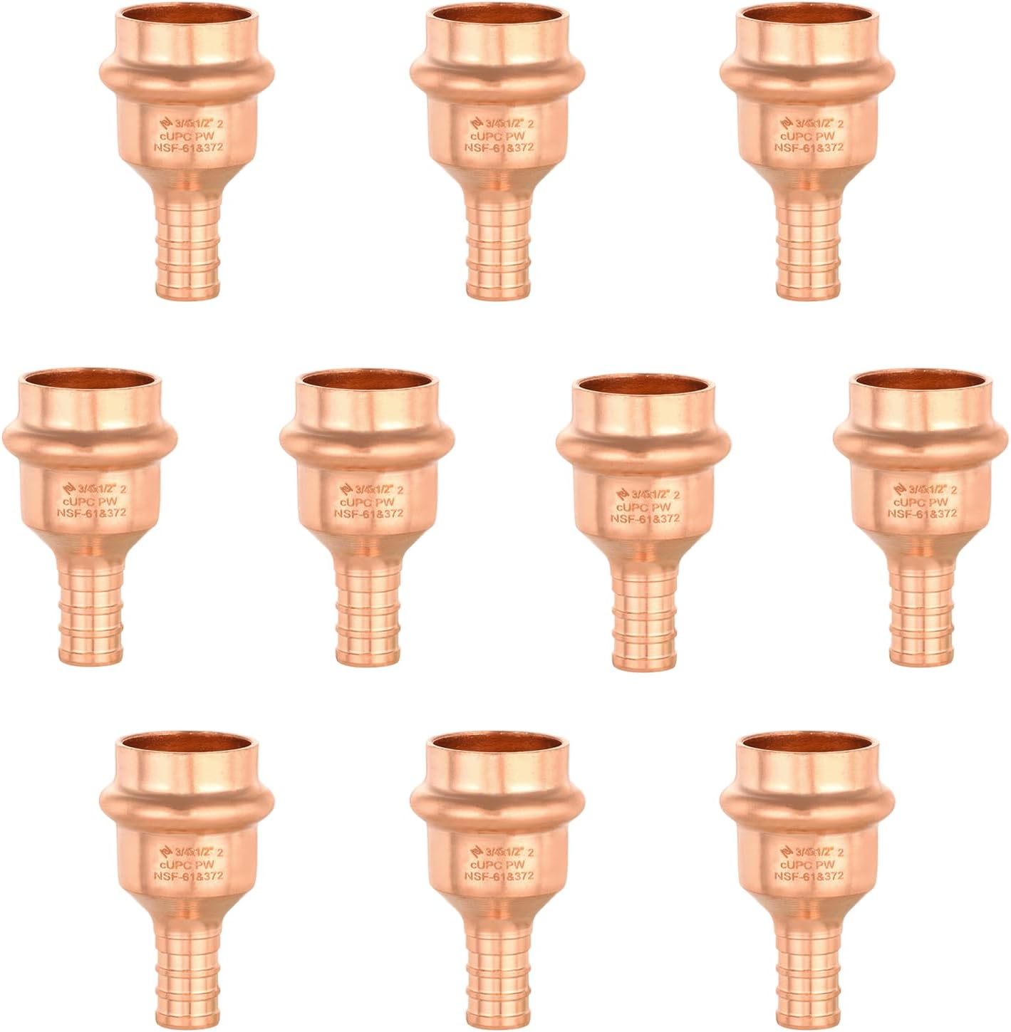Pack 10 accesorios prensa cobre 3/4x1/2 pulg PEX con tope