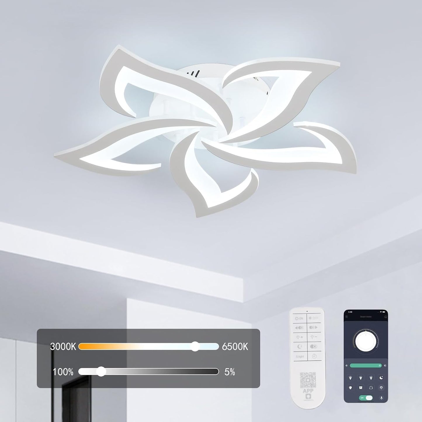 Lámpara techo LED 5 pétalos control remoto sala dormitorio