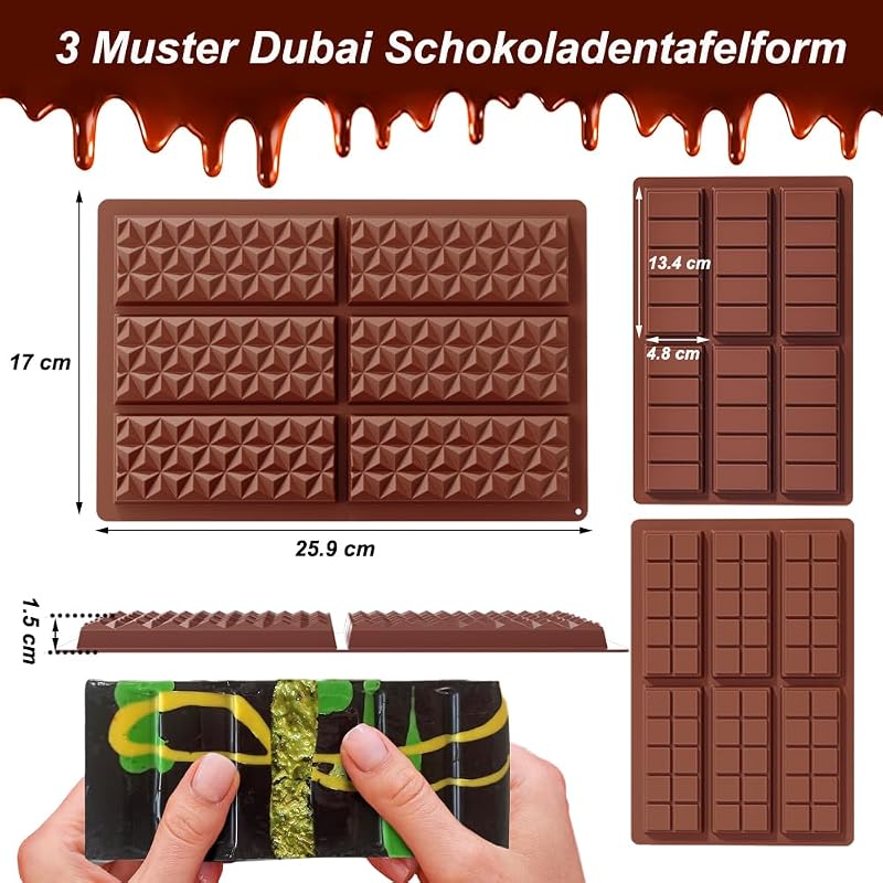 3 Moldes Silicona Chocolate 6 Cavidades Antiadherente Dubai Bar