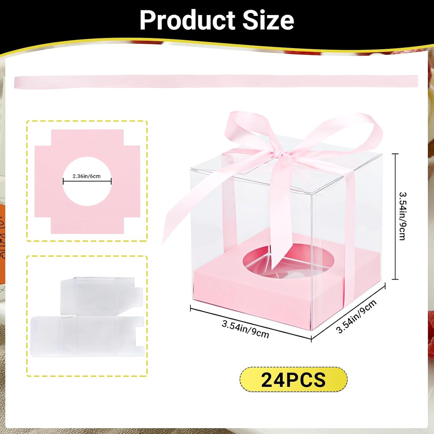 Soporte plástico transparente cupcakes 24uds 3.5" rosa