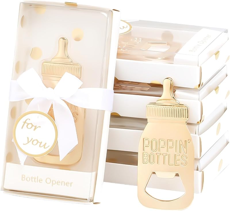 24 Abrebotellas Dorados para Baby Shower con Caja Regalo
