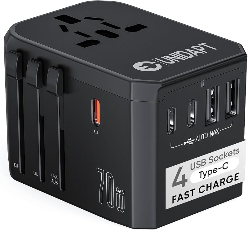 Adaptador viaje universal 70W con 3 USB-C PD y 2 USB-A