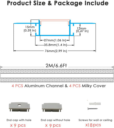 Canal LED aluminio pack 4 unidades 6.6pies para tira LED