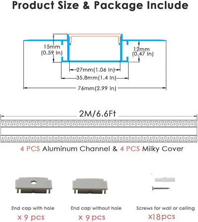 Canal LED aluminio pack 4 unidades 6.6pies para tira LED