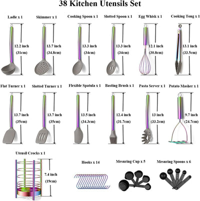 Set 38 Pzas Utensilios Silicona con Recipientes Mango Acero Inox