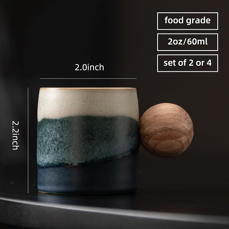 Tazas café expreso cerámica 2oz mango madera set 2/4 pzas