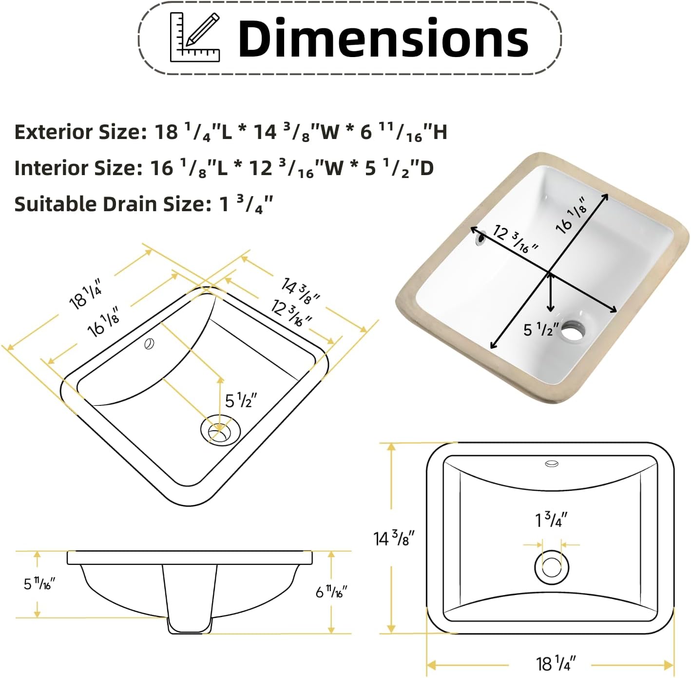 Fregadero baño rectangular 18x14pulg cerámica blanca