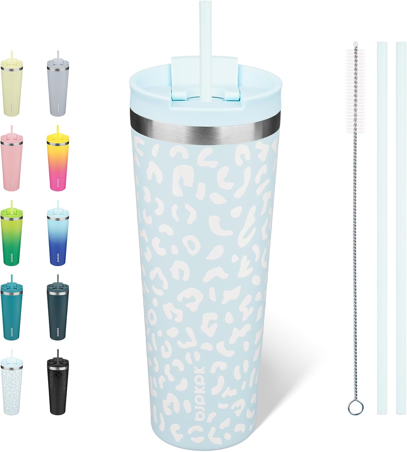 Vaso acero inox 26oz con tapa pajita diseño leopardo azul
