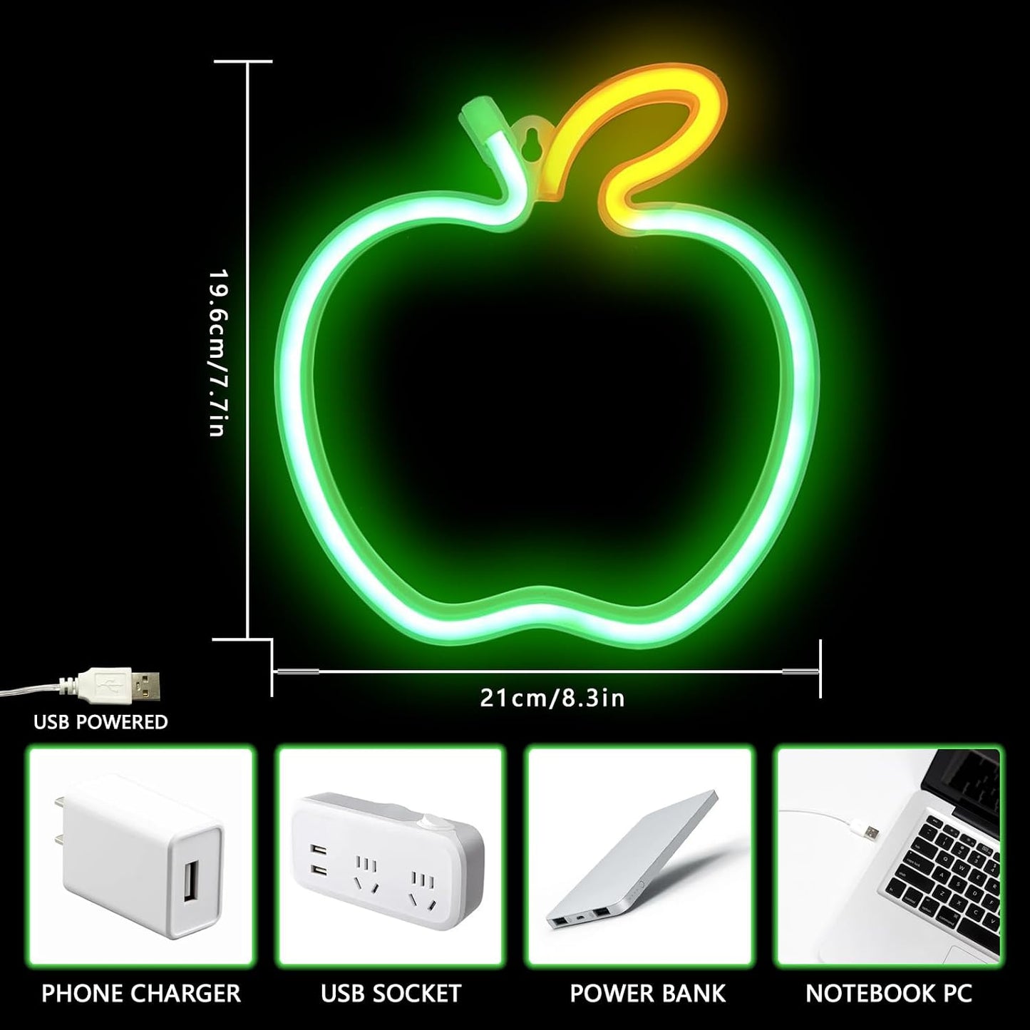 Letrero neón Apple LED para pared 8.3x7.7pulg verde amarillo