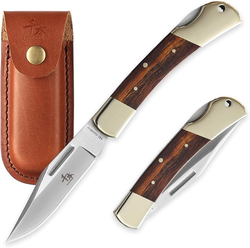 Cuchillo plegable 3.3" acero 440A con funda cuero