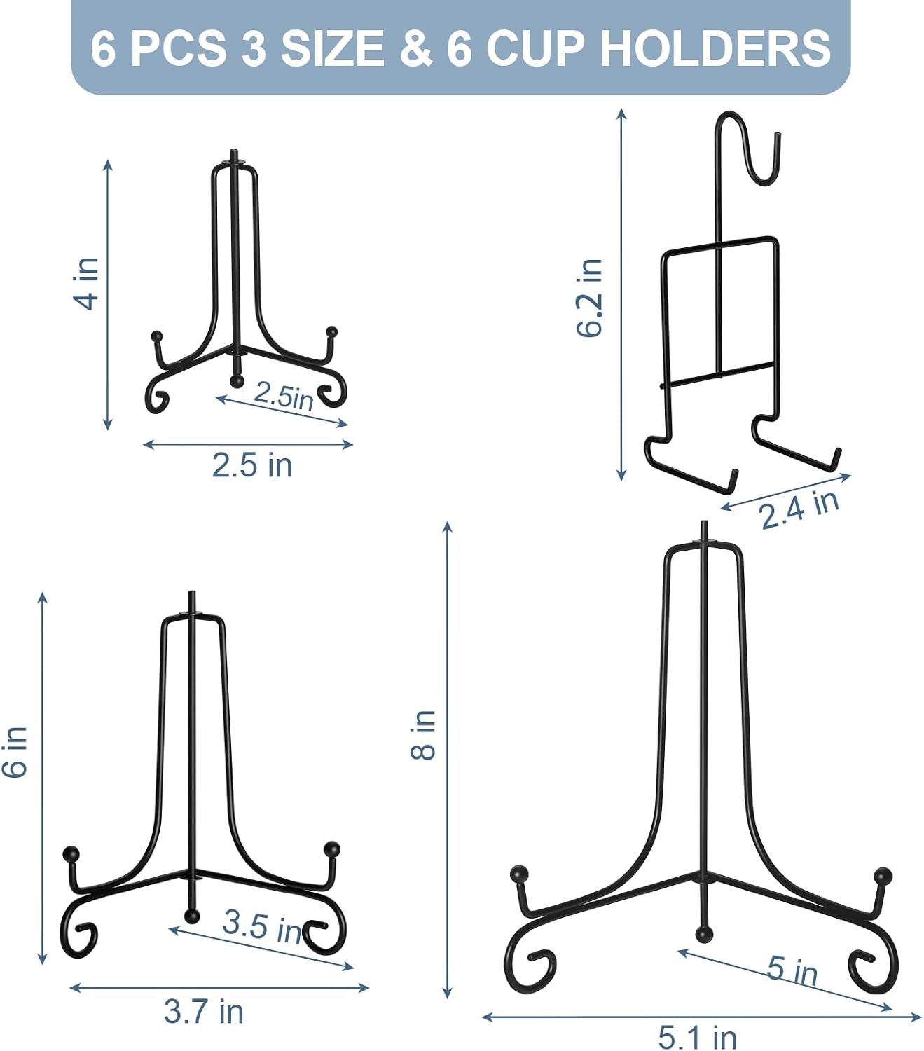 6 Soportes Placa Negro 4-8" para Tazas Libros