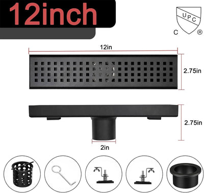 Drenaje ducha lineal 12pulg acero inox 304 cuadrado negro mate