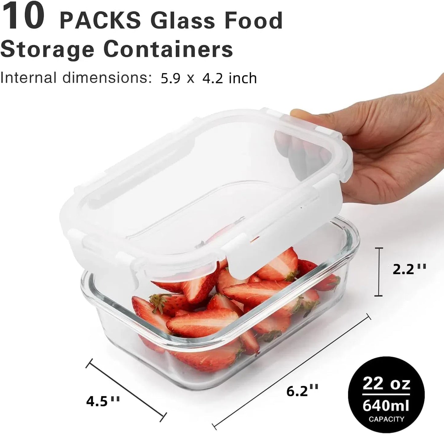 10 Recipientes Vidrio 22oz con Tapas Reutilizables