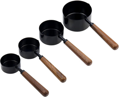 Set 4 Tazas y Cucharas Medidoras Negro Mango Madera Acero Inox